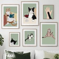 2023❃◙ Wine Funny Tuxedo Cat Reading Illustration Wall Art Canvas Painting Nordic Posters And Prints Pictures For Living Room Decor