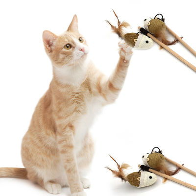 ของเล่นไม้หยอกขนนกแมวแท่งแมวของเล่นแมวแบบอินเตอร์แอคทีฟสำหรับสัตว์เลี้ยงอุปกรณ์การเล่นแสนสนุก