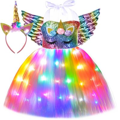 Girls Unicorn Dress LED Light Up Rainbow Sequins Birthday Party Princess Tutu Dress Christmas Halloween Costume for Kids Clothes