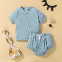 Toddler Baby Unisex Clothes Set Casual Ribbed Solid Short Sleeve Tops+Elastic Shorts 2PCS Outfits For Baby Girls Boys  by Hs2023