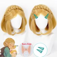 Peluca De Princesa Zelda Para Cosplay, Peluca Corta Trenzada, Rubia Dorada,อะนิเมะ,Cosplay, Orejas, Resistente Al Calor + Gorro De Peluca