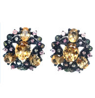 ต่างหูพลอยแท้ ซิทริน(Citrine) 9 x 11 mm. ล้อม ทัวร์มาลีน เงินแท้ 925 ชุบ black gold