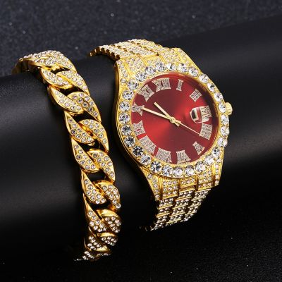 2 Pcs Watch bracelet Hip Hop Stainless Steel Gold Color Calendar Watch For Men Iced Out Paved Rhinestones Men Watch Reloj Hombre