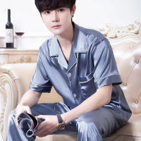 CAIYIER Summer Men Pajamas Set Short Sleeve Blue Male Sleepwear Soft Casual Fashion Mens Silk Nightwear Long Pants Loungewear