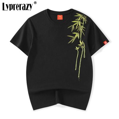 Lyprerazy Men National Tide Bamboo Embroidery Short-sleeved T-shirt Summer Loose Cotton Tees