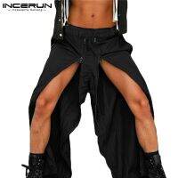 INCERUN Mens Casual Fashion Design Elasitc Waist Zipper Split Long Pants