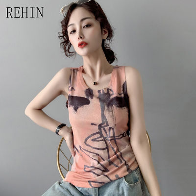 REHIN เสื้อกล้ามพิมพ์ลายแขนกุดแฟชั่นของผู้หญิง,เสื้อกล้ามคอตตอนคอกลมไม่ซ้ำใครเสื้อยืดฤดูร้อนปี S-3XL