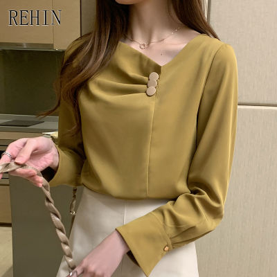 REHIN Women S Top New Retro Loose Casual Long Sleeve Shirt Elegant Blouse