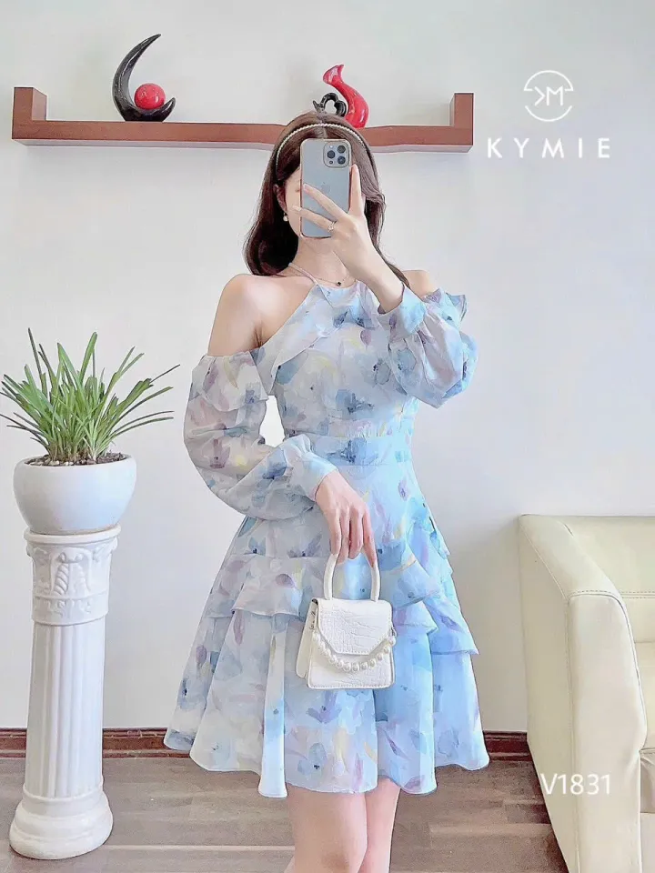 Đầm voan hoa dài tay cổ bèo mùa hè Xiny D281230