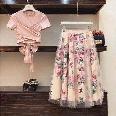 ‘；’ 2022 Fashion Woman Irregular T Shirt+Mesh Floral Print Big Swing Skirts Suit Bowknot Solid Vintage Floral Skirt Elegant 2 Piece