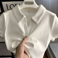 ☂❀ Spice girl thread front shoulder short-sleeved T-shirt small man short navel polo shirt female summer slim fit ins top