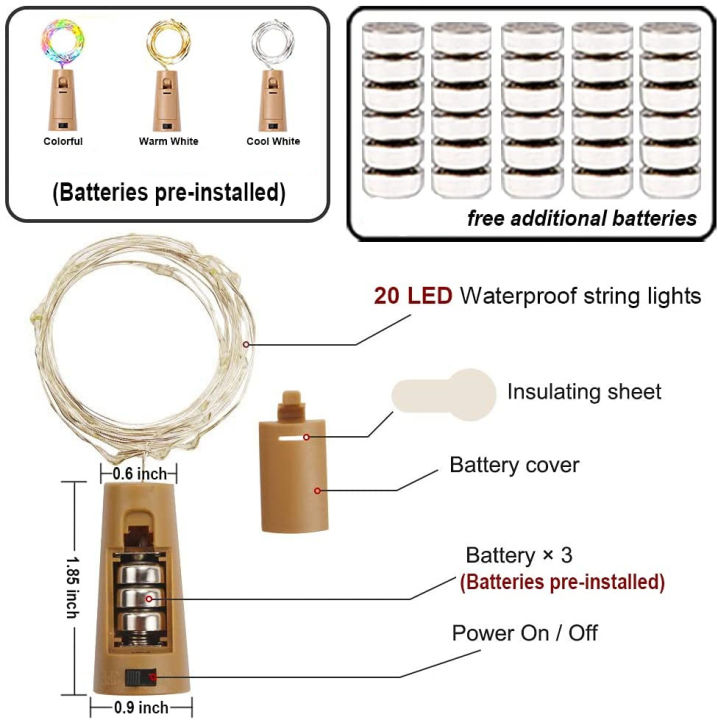 แบตเตอรี่รวมทั้งจุกขวดไวน์ไฟสตริง20led-นางฟ้าไฟงานแต่งงานคริสต์มาสฮาโลวีนตกแต่งบาร์3ชิ้น6ชิ้น