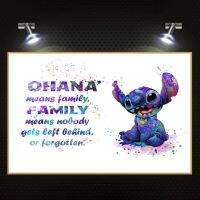 Ohana หมายถึงครอบครัวตะเข็บคำคมนอร์ดิกสีน้ำโปสเตอร์ภาพยนตร์ผ้าใบจิตรกรรมสำหรับห้องเด็กเนอสเซอรี่ตกแต่งบ้าน