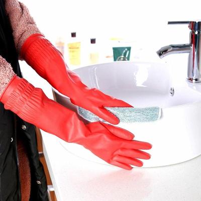 ถุงมือครัวล้างจานทำความสะอาดซักผ้าถุงมือสีแดงกันน้ำแขนยาวถุงมือยางเครื่องมือ W6O6