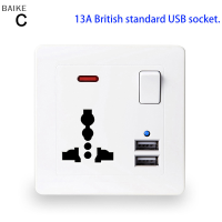 BAIKE เต้ารับ USB ติดผนังหัวปลั๊กมาตรฐานอังกฤษแผ่นพลาสติกสีขาวทองสวิตช์ไฟ13A สำหรับห้องครัวบ้านสำนักงาน