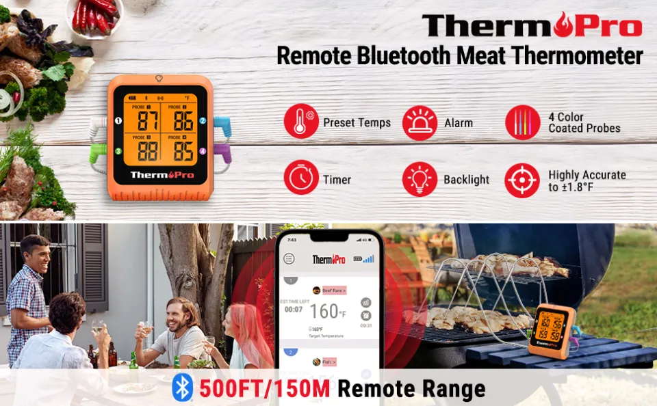 ThermoPro TP25 150M Wireless Smart Bluetooth-Connected Kitchen Cooking Meat  Thermometer 4 Probes BBQ Oven Digital