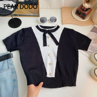 PEAR DODO เสื้อแขนเสื้อสั้นถักโบว์สีตัดกันรุ่นเกาหลีสำหรับผู้หญิง