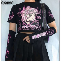 KOSAHIKI Women Punk T-shirts Korean Tops O-Neck Basic Students T-shirt Autumn Harajuku Loose Cartoon Printing Casual T Shirt