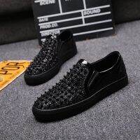 Korean style men casual party hip hop wear genuine leather loafers breathable slip on rivets shoes flat platform shoe zapatos