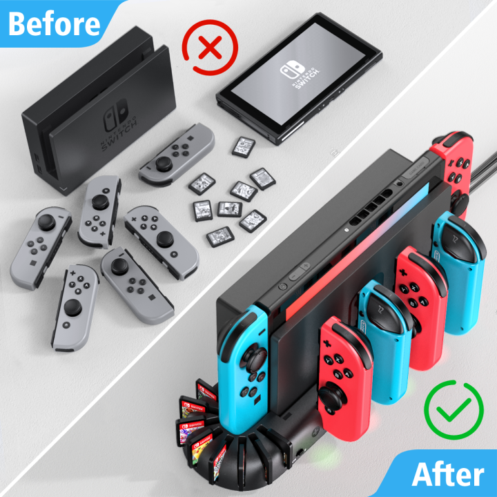 ใหม่4พอร์ตตัวควบคุมjoy-con-chargerแท่นชาร์จstation-คอนโซลเปลี่ยนผู้ถือ8การ์ดเกมsoltsสำหรับnintendo-switch