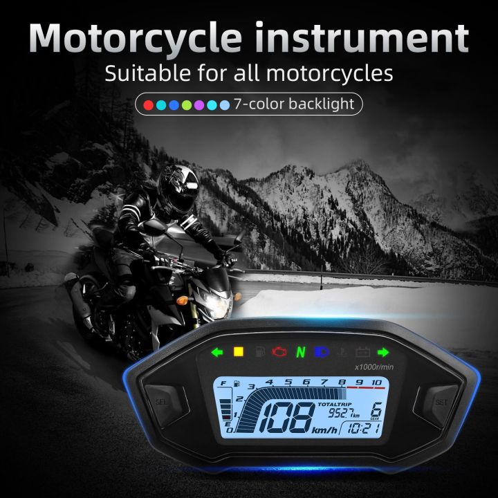 2023เครื่องวัดความเร็วมอเตอร์ไซด์ใหม่10000rpm-lcd-digital-moto-dashboard-7สีปรับได้พร้อมเครื่องวัดระยะทางสำหรับ1-2-4สูบ