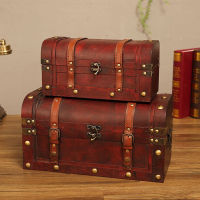 D9European Retro Wooden Box Red Leather Vintage Treasure Chest Jewelry Storage Box Photography Props Home Decoration