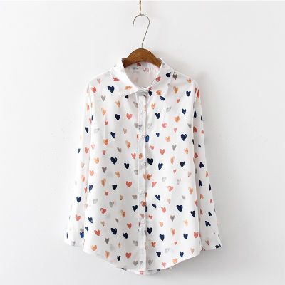 Long sleeve loose tops Korean love printed chiffon shirt