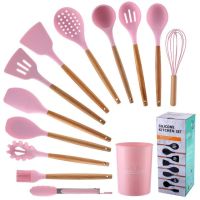 QTCF-Wooden Handle Silicone Kitchenware 12 Pcs Food Tongs Cooking Spoon Spatula Storage Bucket Set Kitchen Utensils