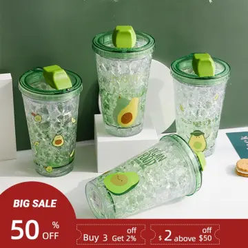 450ml Hot Summer Ice Cup With Avocado Double Plastic Ice Breaker Slide Cover  Straw Cup Net And Red Water Cup