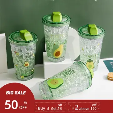 TIMPCV Summer Push Cover Double Layer Avocado Straw Plastic Cups 2 450ML