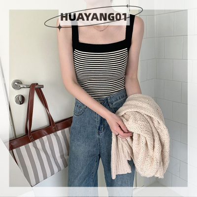 HUAYANG01 [2023 new HOT FASHION] lazlook VINTAGE stripe ถักถังด้านบนฤดูร้อนผู้หญิงแขนกุด Slim Bra Crop TOP