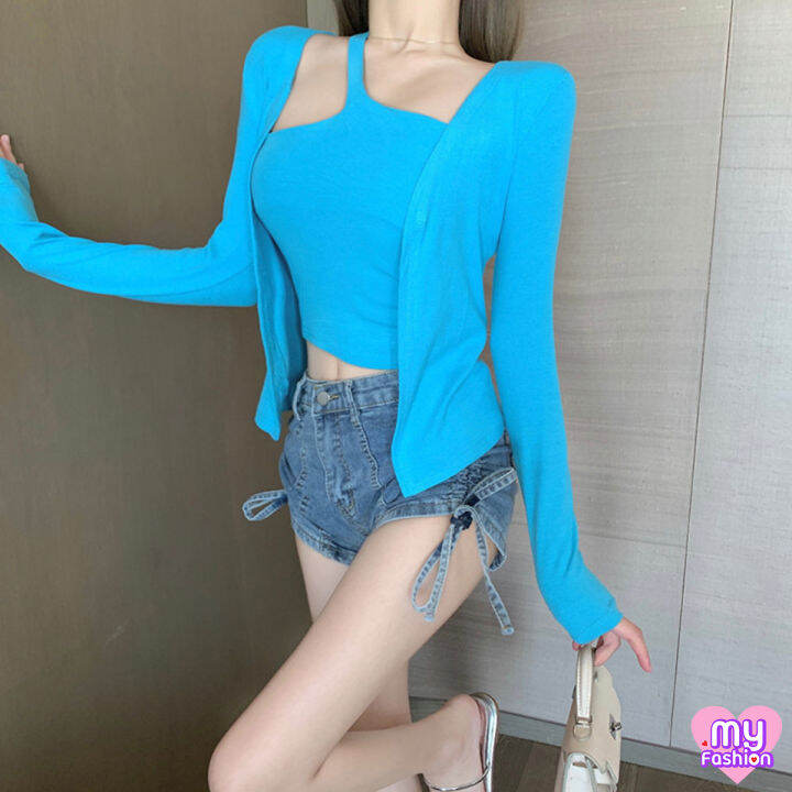myf-มาใหม่-เซ็ตเสื้อสายเดี่ยวหนึ่งเส้น-เสื้อคลุมแขนยาวแฟชั่น-2-ชิ้น-สีฟ้า