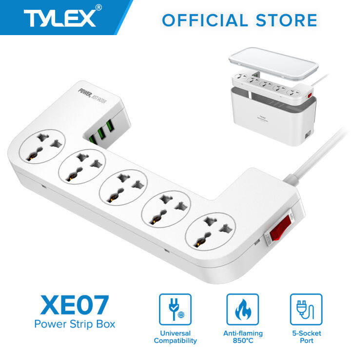 TYLEX XE07 Power Strip Box 5 Universal Socket Port + 3 USB Charging