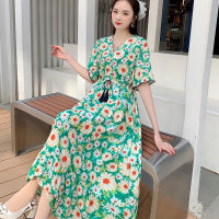 Plus-Sized plus Size Beach Dress Plump Girls Noil Poplin Dress V-neck Half Sleeves Floral Print Long Skirt Cross-Border Elastic Waist Large Swing Skirt