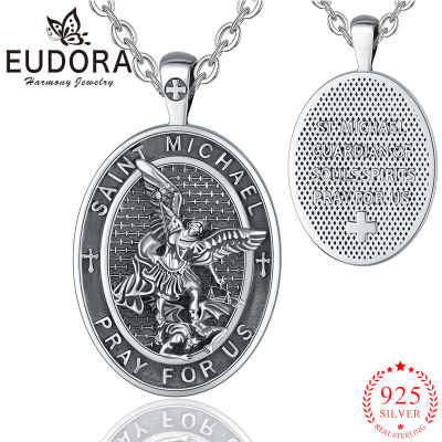 Eudora 925เงินสเตอร์ลิง Saint Michael Archangel สร้อยคอ Vintage Cross Amulet จี้เครื่องประดับทางศาสนาของขวัญสำหรับ Men Women