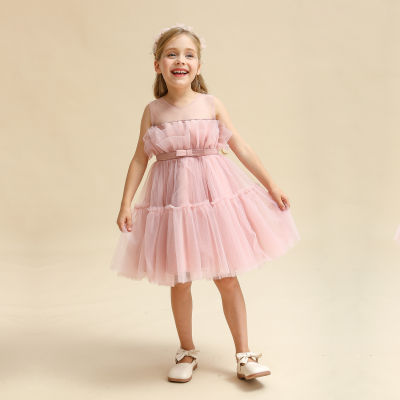 Elegant Girl ชุดราตรีวันเกิดชุดสำหรับสาว1-5T ฤดูร้อนใหม่แขนกุด Ruffle Bow เสื้อผ้า Baby Ceremonial Gown