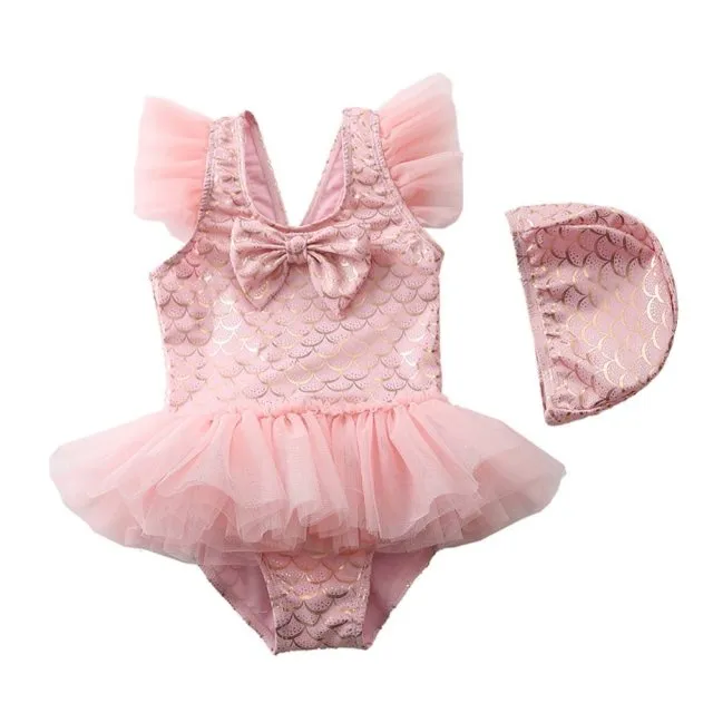 Bling Bikini Baby Girls Tutu Swimsuit With Swimming Cap For Children