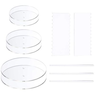 Acrylic Round Cake Disk Set - Cake Discs Circle Base Boards with Center Hole - 2 Comb Scrapers (4 Patterns) &amp; Dowel Rod