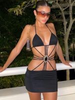 ▦✿ Rhinestone Straps Sexy Dress Women Halter Neck Backless Party Micro Mini Dress Black Bandage Bodycon Dresses Club Outfits