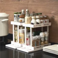 Rotating Spice Storage Rack 2 Tier Pull Out Kitchen Cabinet Organizer Sliding Spice Stand Multi-Function Pantry Door Storage Cleaning Tools