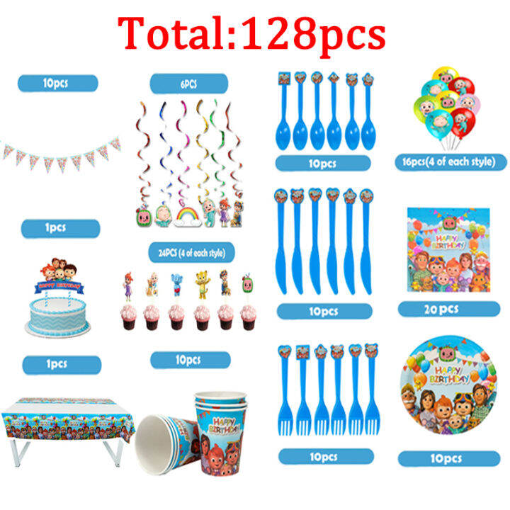 128pcs-kids-cocomelon-theme-birthday-party-decorations-balloons-banners-supplies-family-baby-shower-party-tableware-cups-plates