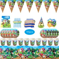 95Pcs เกมการ์ตูนเด็กวันเกิด Party Disposable Tableware ถ้วยจานธงผ้าปูโต๊ะเด็กงานแต่งงานอุปกรณ์ตกแต่ง