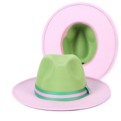 Simple Color Two Tone Felt Top Hat Pink Green Womens Fedora Hats Autumn Winter Fashion Wide Brim Jazz Hat Uni Party Jazz Hat