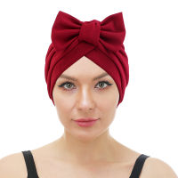 Bowknot Turban สำหรับผู้หญิง Head Wrap สีทึบแฟชั่นอินเดีย Hijab หมวก Chemo หมวกสุภาพสตรีมุสลิมอุปกรณ์เสริมผม