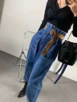 【CC】♣  Fashion Mom Jean Loose Washed Denim Trousers 2023 Korean Waist Ankle Length Baggy Belted Harem Jeans Pants