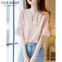 OULINNA เสื้อคอปกตั้งของผู้หญิงเสื้อชีฟองน้ำหนักเบา,เสื้อพิมพ์ลายศิลปะแต่งระบายสำหรับฤดูร้อน2023