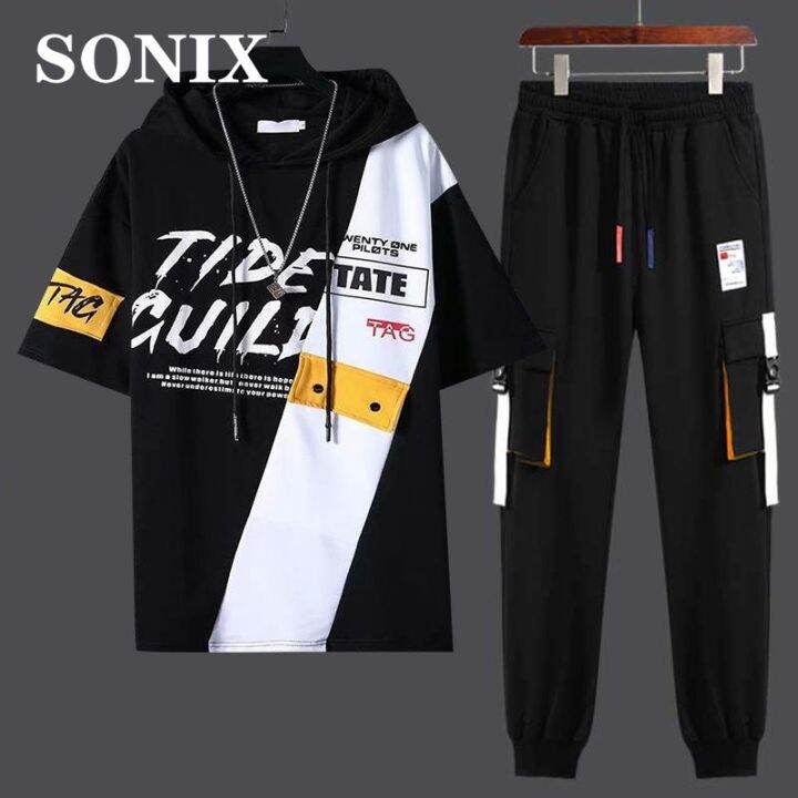 hnf531-sonix-เสื้อสเวตเตอร์มีฮู้ดผู้ชายเสื้อสเวตเตอร์แขนสั้นสไตล์ญี่ปุ่นเทรนด์ลำลอง2ชิ้นแฟชั่นวัยรุ่นสูทกีฬาเกาหลีสำหรับฤดูร้อน