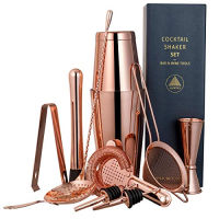 ALOONO 11-piece Copper Cocktail Shaker Bar Set: 2 Weighted Boston Shakers, Cocktail Strainer Set, Double Jigger, Cocktail Muddler and Spoon, Ice Tong and 2 Liquor Pourers