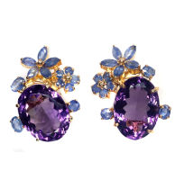 ต่างหูพลอยแท้ อเมทิสต์ (Amethyst) 13 x 17 mm. ล้อม ไพลิน-น้ำเงิน เงินแท้ 925 ชุบทอง 18k