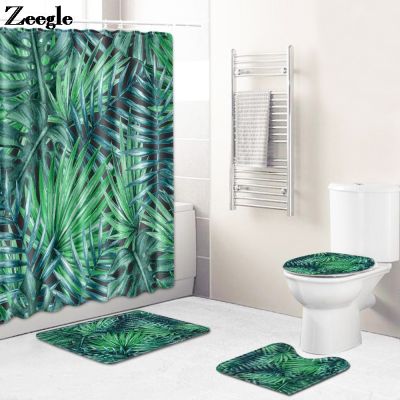 Green Plant Bath Mat and Shower Curtain Set Bathroom Decor Car Absorbent Leaves Printed Toilet Mat Rugs Flannel Foot Mat Set